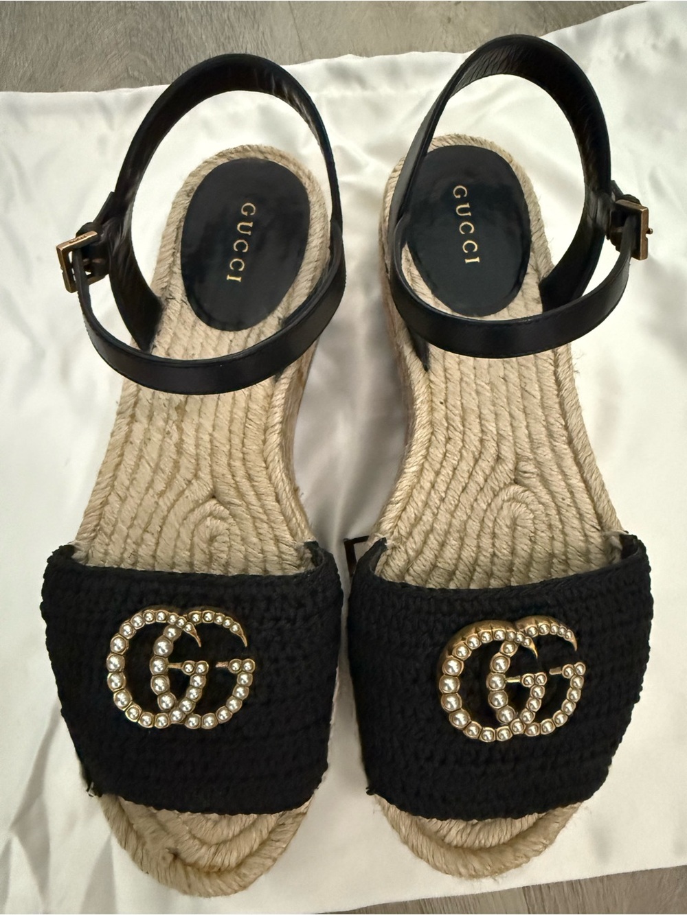Gucci Black Raffia Espadrille Sandals with Gold Crystal Double G
